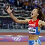 Russia’s Mariya Savinova reacts as she wins gold in the women’s 800m final at the London 2012 Olympic Games at the Olympic Stadium