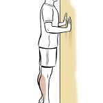 Man next to wall doing heel raise exercise.  SOURCE: Original art.  Used in 9A12047, 11C12052, 9B12210, 90598_3, 90630, 90632, 90612, 90624, 90626, 90634, 89917.