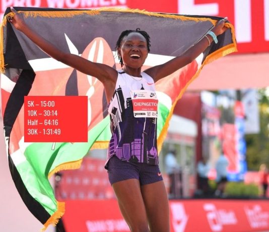 Ruth Chepngetich breaks the women's marathon world record in Chicago, becoming the first woman to run under 2:10, with a time of 2:09:56.